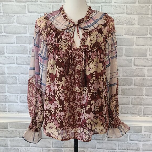 Miss Me Floral Balloon Sleeve Blouse Top Boho Western Coastal Cowgirl Sheer Sm - Picture 1 of 8